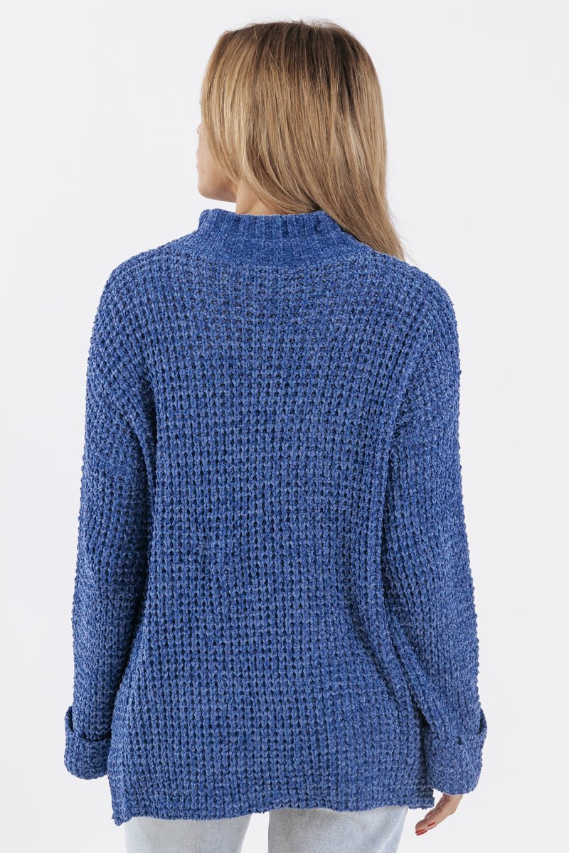 Blue Mock Neck Chenille Sweater - Magnolia Boutique