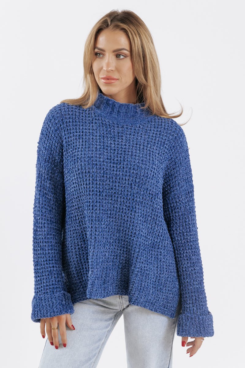 Blue Mock Neck Chenille Sweater - Magnolia Boutique