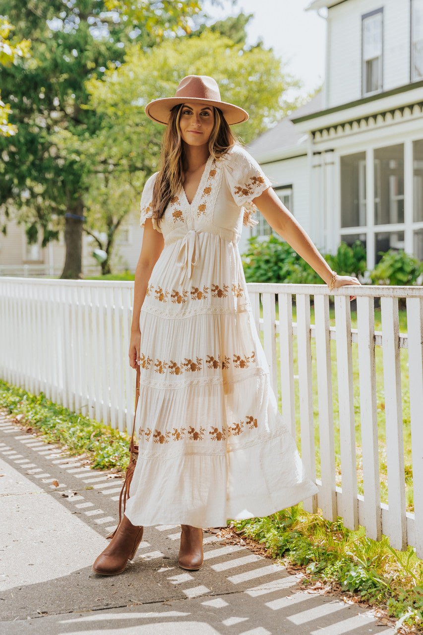 Boho Daydream Gold Floral Embroidered Maxi Dress - Magnolia Boutique
