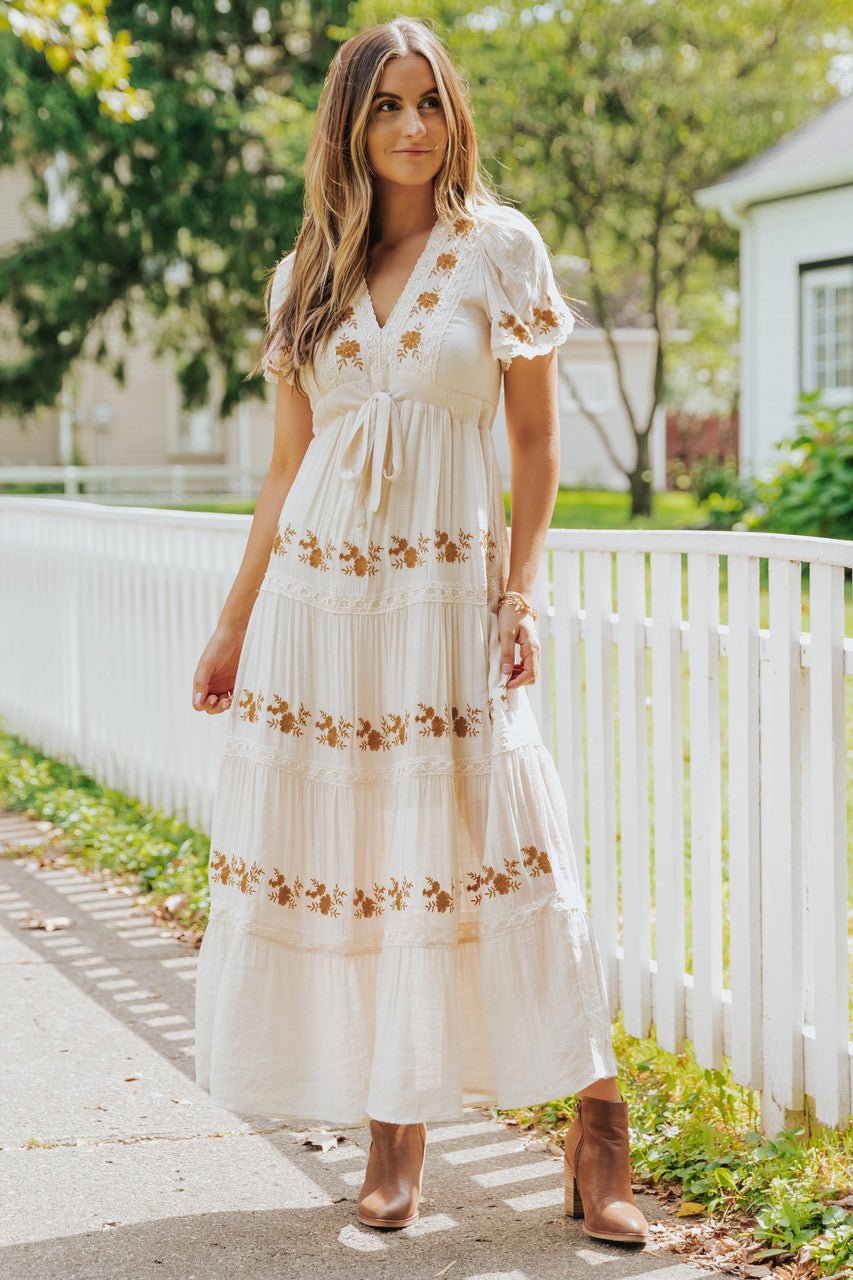 Boho Daydream Gold Floral Embroidered Maxi Dress - Magnolia Boutique