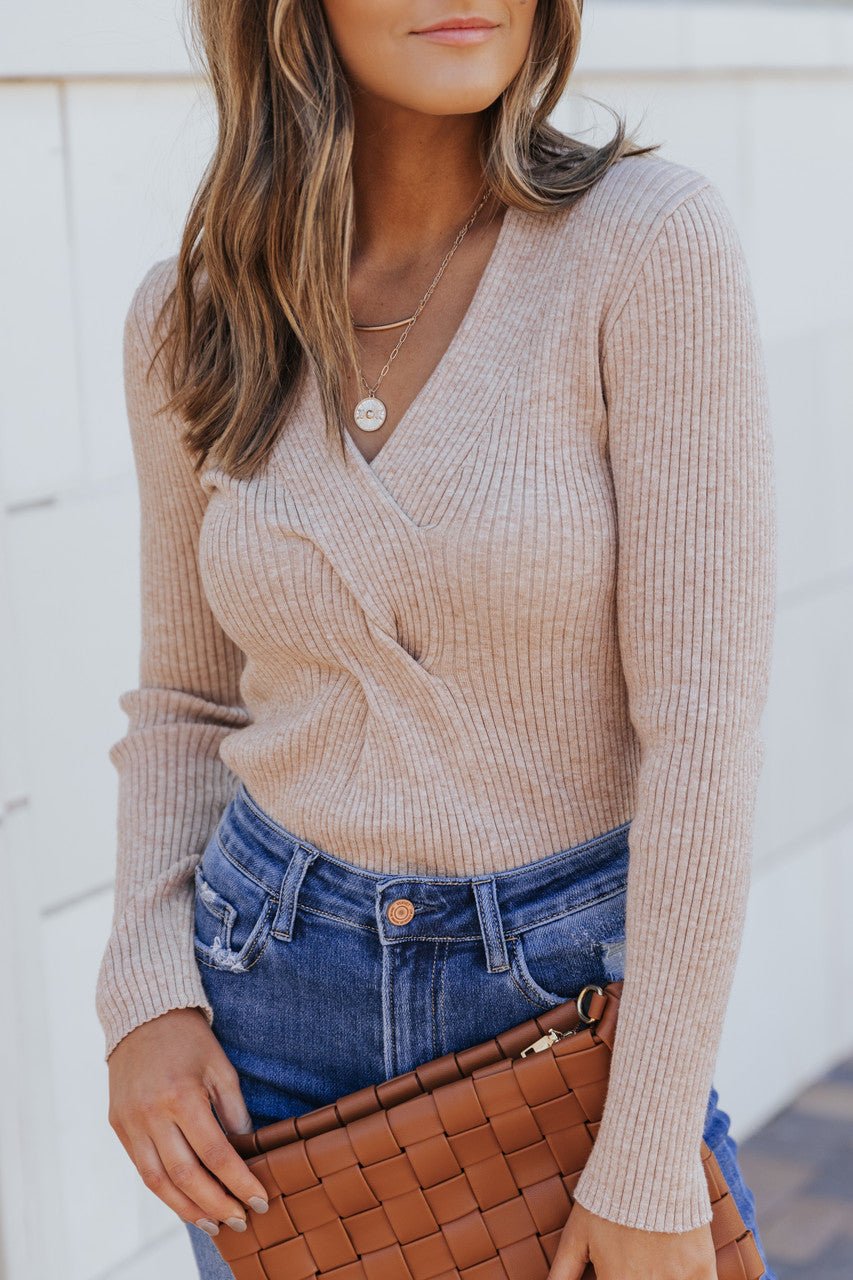 Braided Front Tan Ribbed Sweater - FINAL SALE - Magnolia Boutique