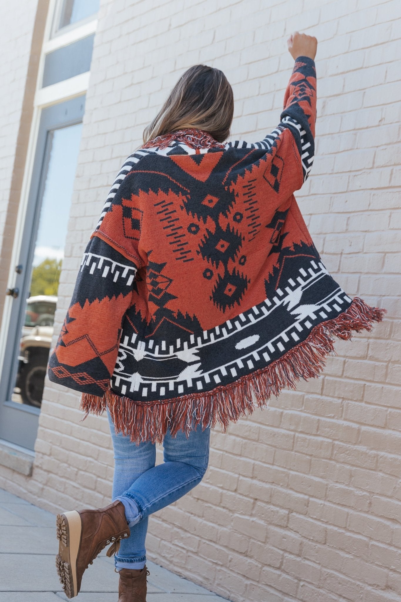 Brick Aztec Fringe Chenille Open Cardigan | Magnolia Boutique