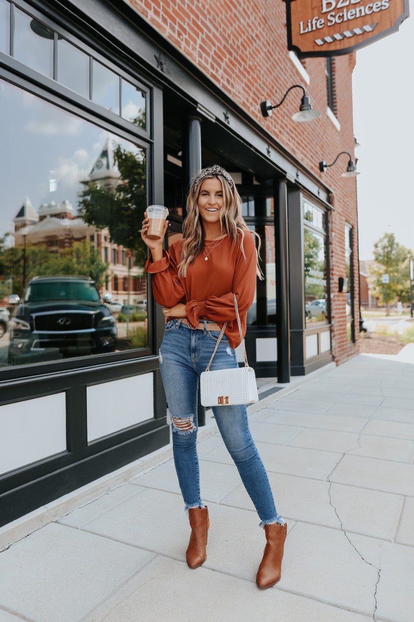 Brienne Rust Long Smocked Cuff Sleeve Blouse - Magnolia Boutique