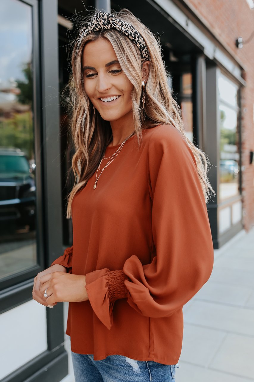 Brienne Rust Long Smocked Cuff Sleeve Blouse - Magnolia Boutique