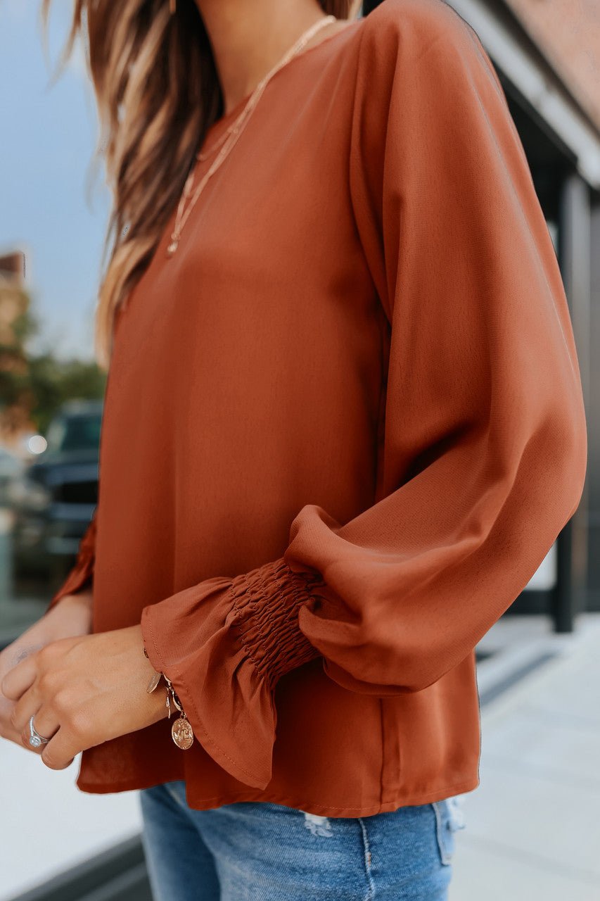 Brienne Rust Long Smocked Cuff Sleeve Blouse - Magnolia Boutique