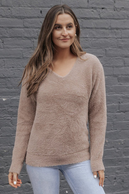 Brown Fuzzy V Neck Sweater - Magnolia Boutique