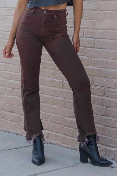 Brown High Waisted Flare Jeans, Dark Brown Flared Jeans