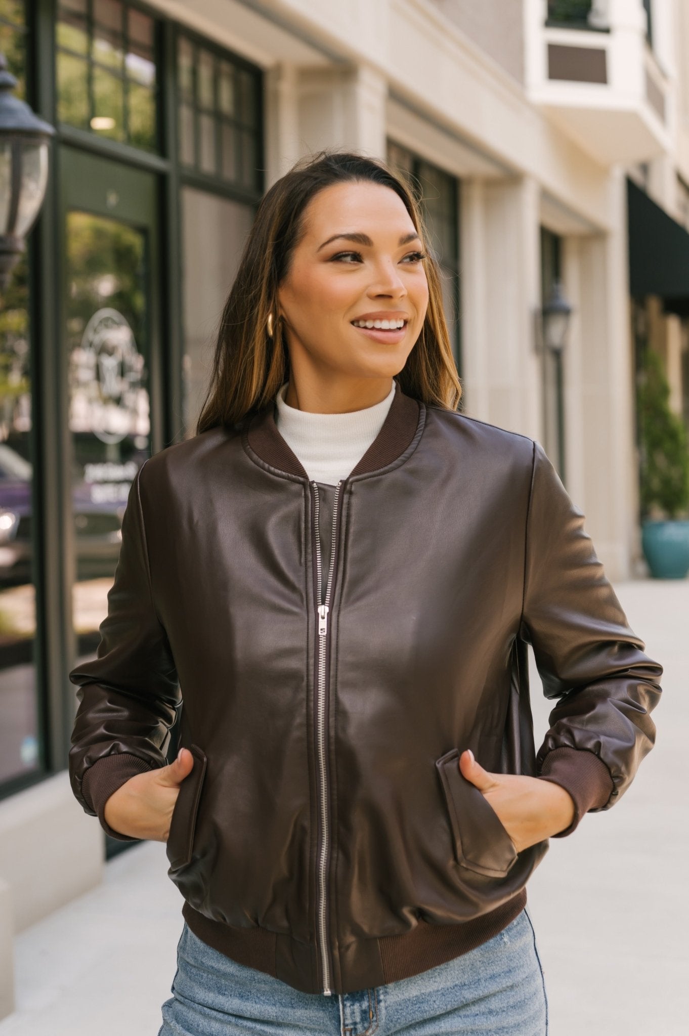 Brown Faux Leather Bomber Jacket | Magnolia Boutique