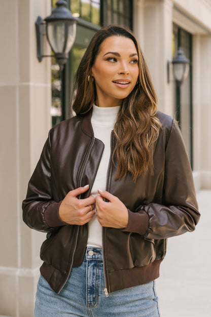 Brown Vegan Leather Bomber Jacket - Magnolia Boutique