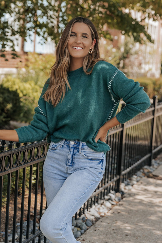 Brushed Green Contrast Stitch Sweater - Magnolia Boutique
