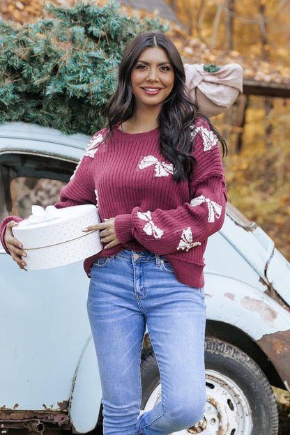 Burgundy Pearl Studded Bow Detail Sweater - Magnolia Boutique