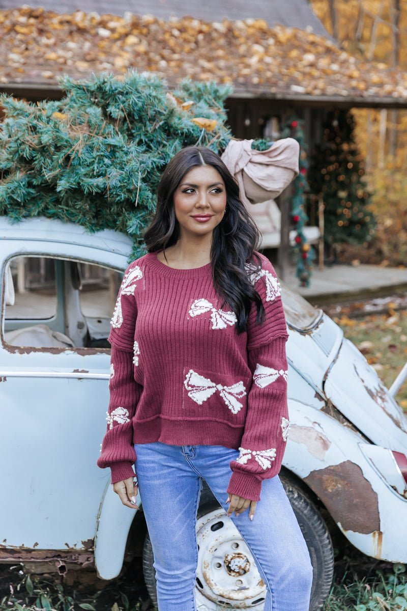 Burgundy Pearl Studded Bow Detail Sweater - Magnolia Boutique
