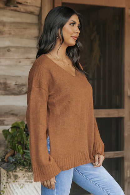 Burnt Orange V Neck Sweater - Magnolia Boutique