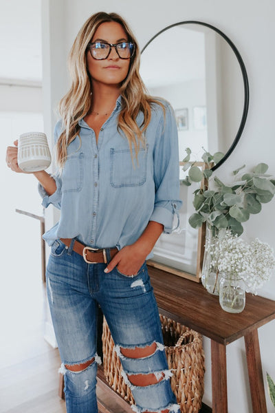 Button Down Light Wash Chambray Top - Magnolia Boutique