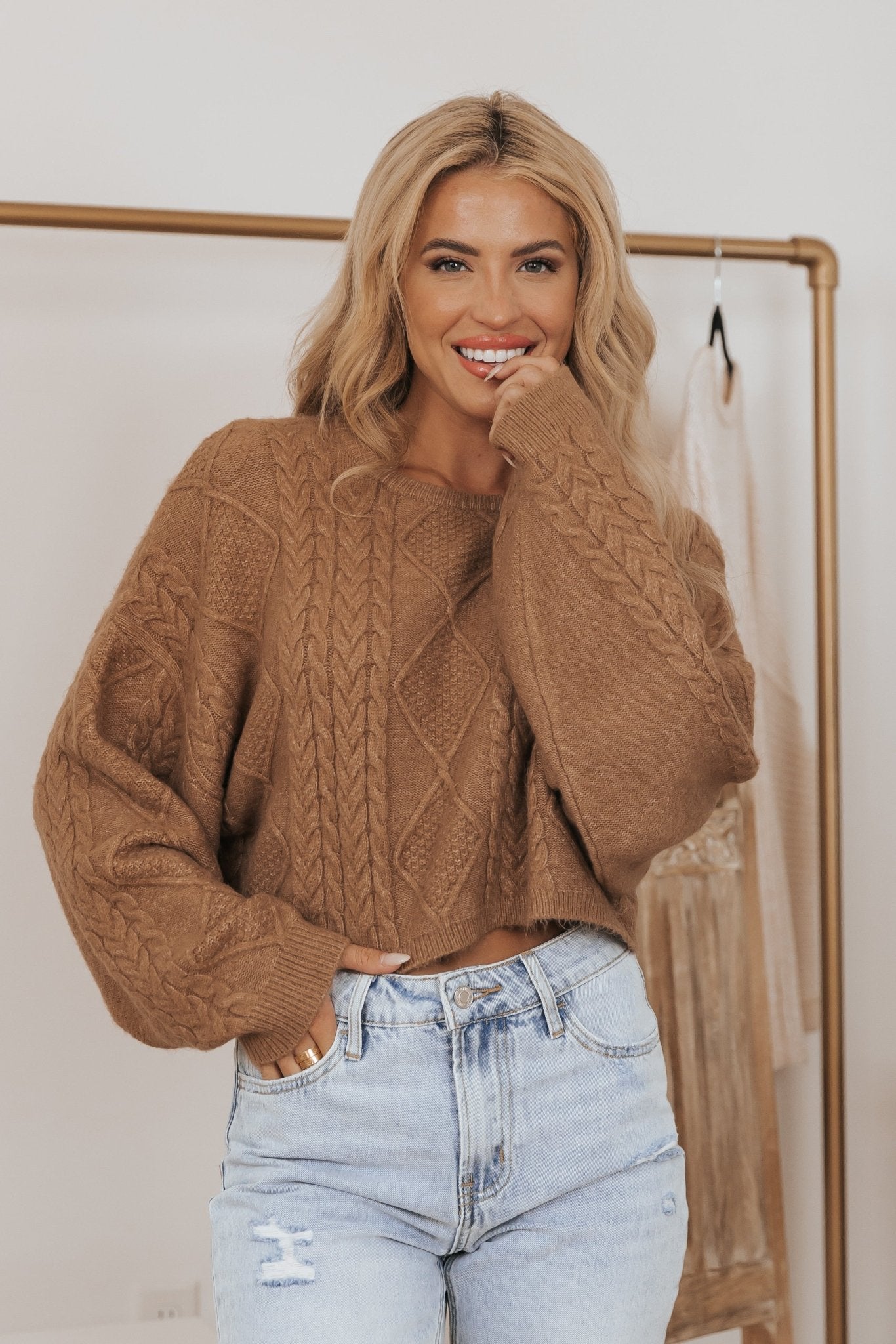 Camel Cable Knit Cropped Sweater - Magnolia Boutique