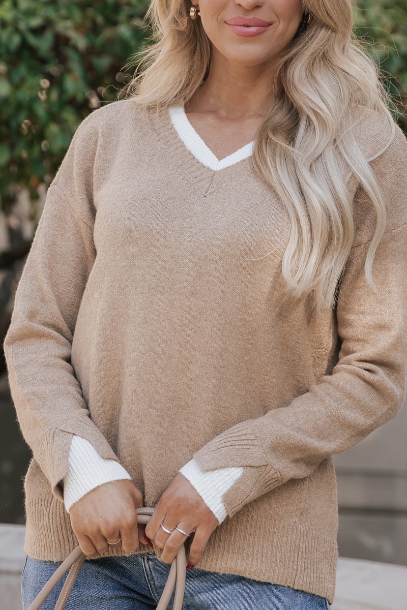 Camel Contrast Layered V Neck Sweater - Magnolia Boutique