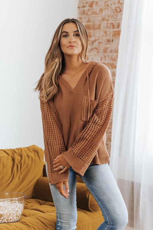 Camel Crochet Detail Hooded Sweater - Magnolia Boutique
