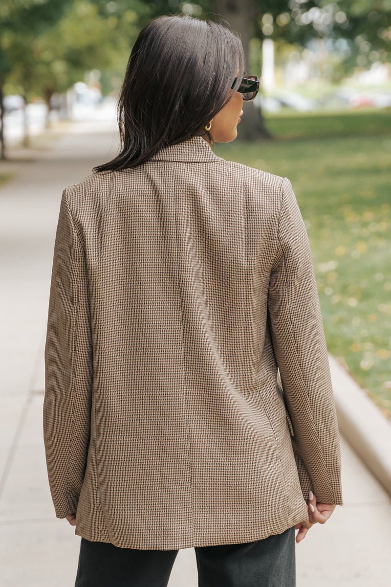 Camel Lined Houndstooth Open Front Blazer - Magnolia Boutique