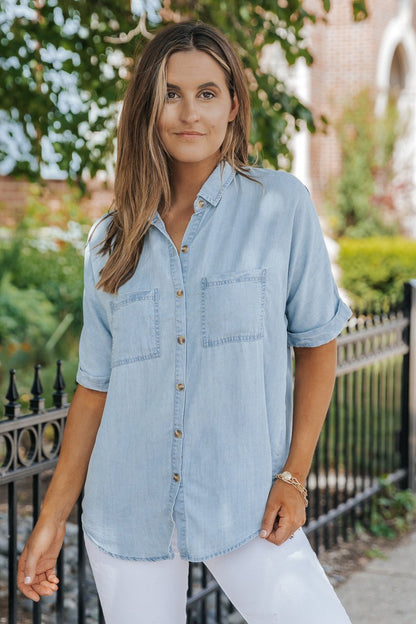 Chambray Short Sleeve Button Up Top - Magnolia Boutique