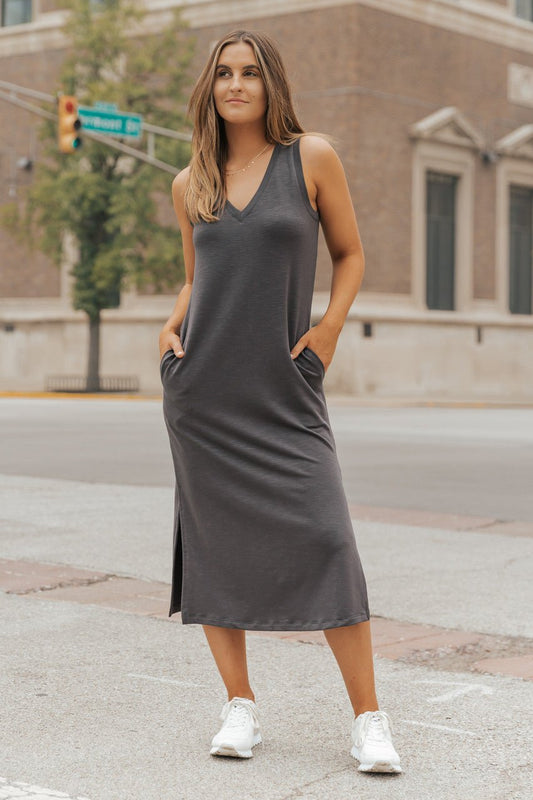 Charcoal French Terry Midi Dress - Magnolia Boutique