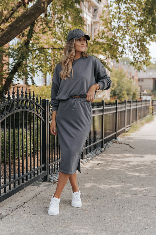 Charcoal French Terry Midi Skirt - Magnolia Boutique