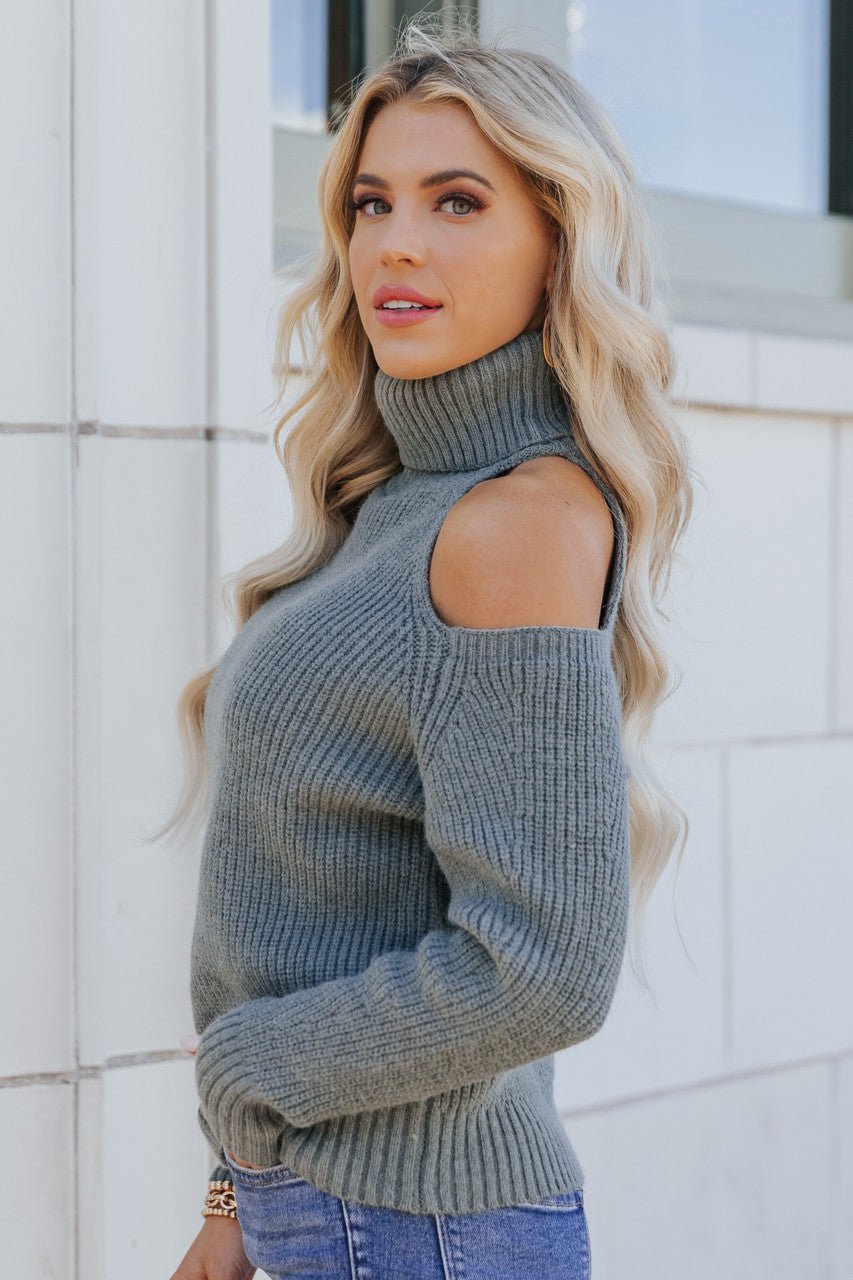 Christa Sea Green Cold Shoulder Turtleneck Sweater - FINAL SALE - Magnolia Boutique