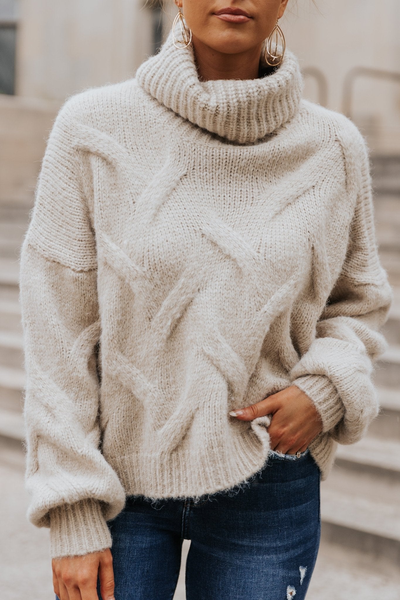 Chunky Oatmeal Cable Knit Turtleneck Sweater - Magnolia Boutique