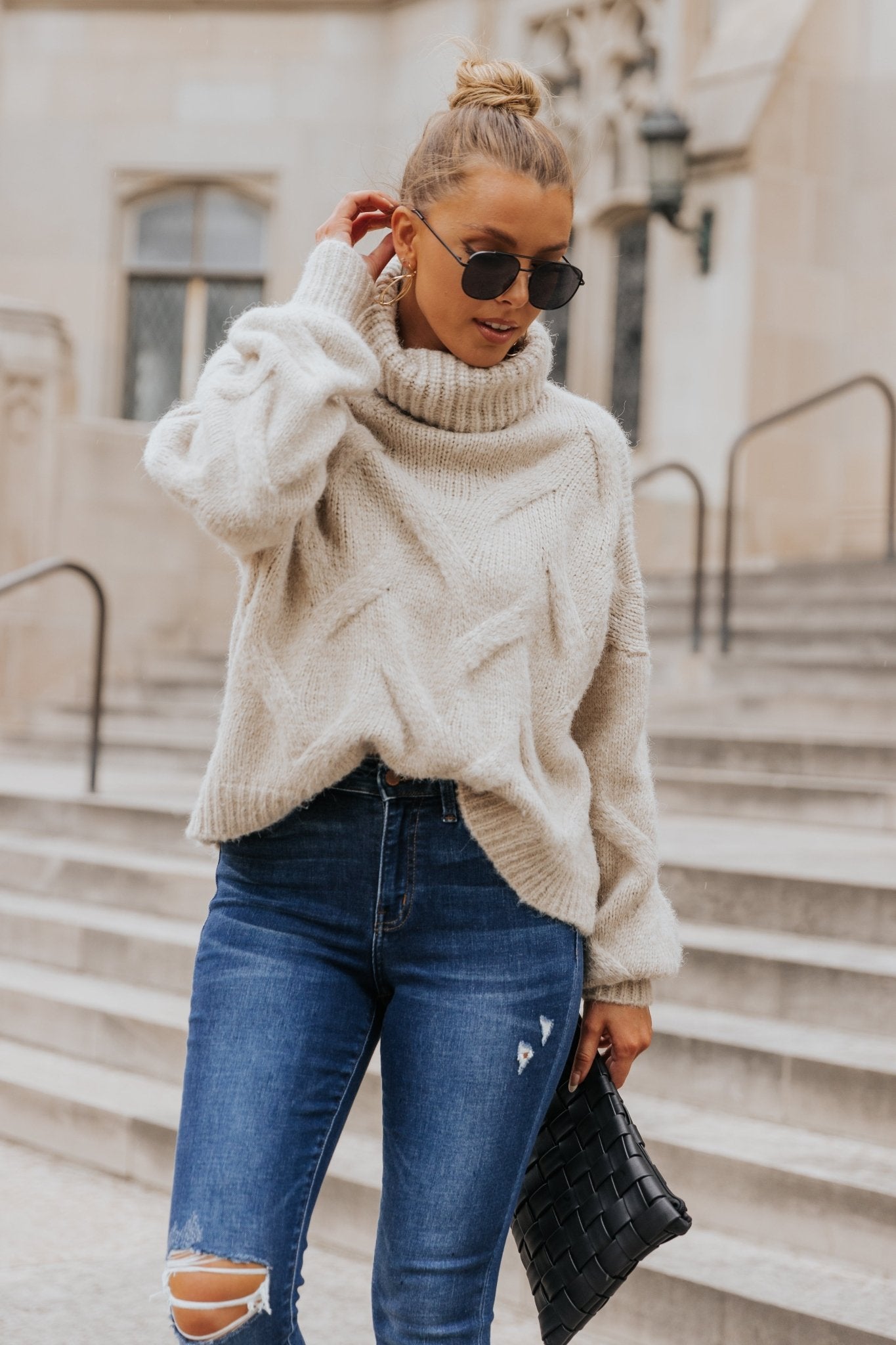 Chunky Oatmeal Cable Knit Turtleneck Sweater - Magnolia Boutique