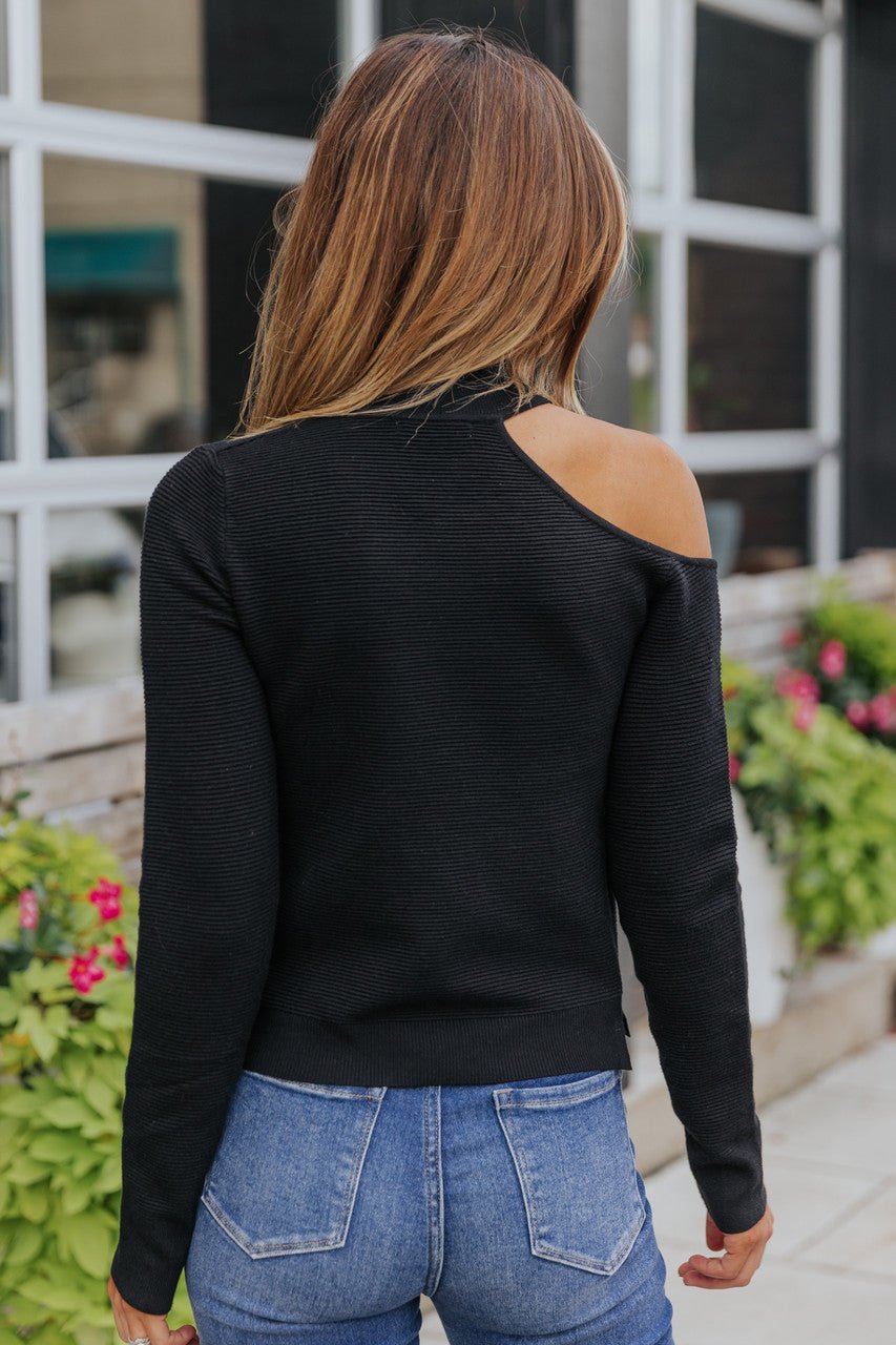 Cold Shoulder Cutout Black Mock Neck Sweater Top - Magnolia Boutique