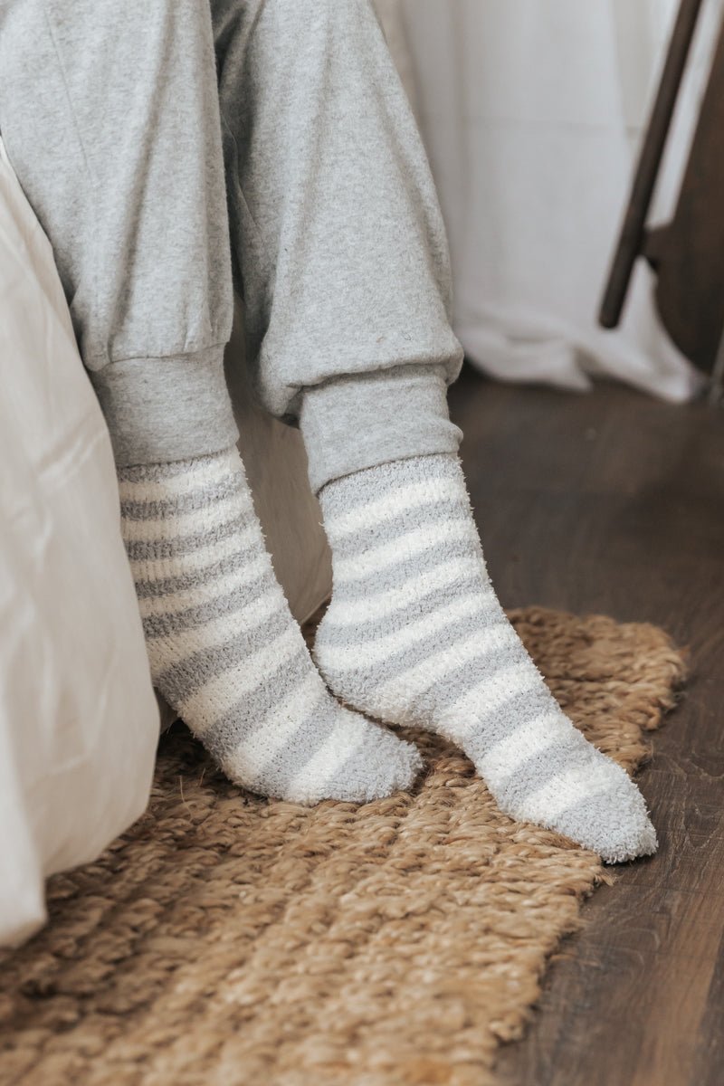 Comfy Cozy Striped Fuzzy Socks - GREY - Magnolia Boutique