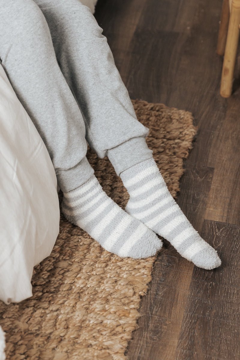 Comfy Cozy Striped Fuzzy Socks - GREY - Magnolia Boutique