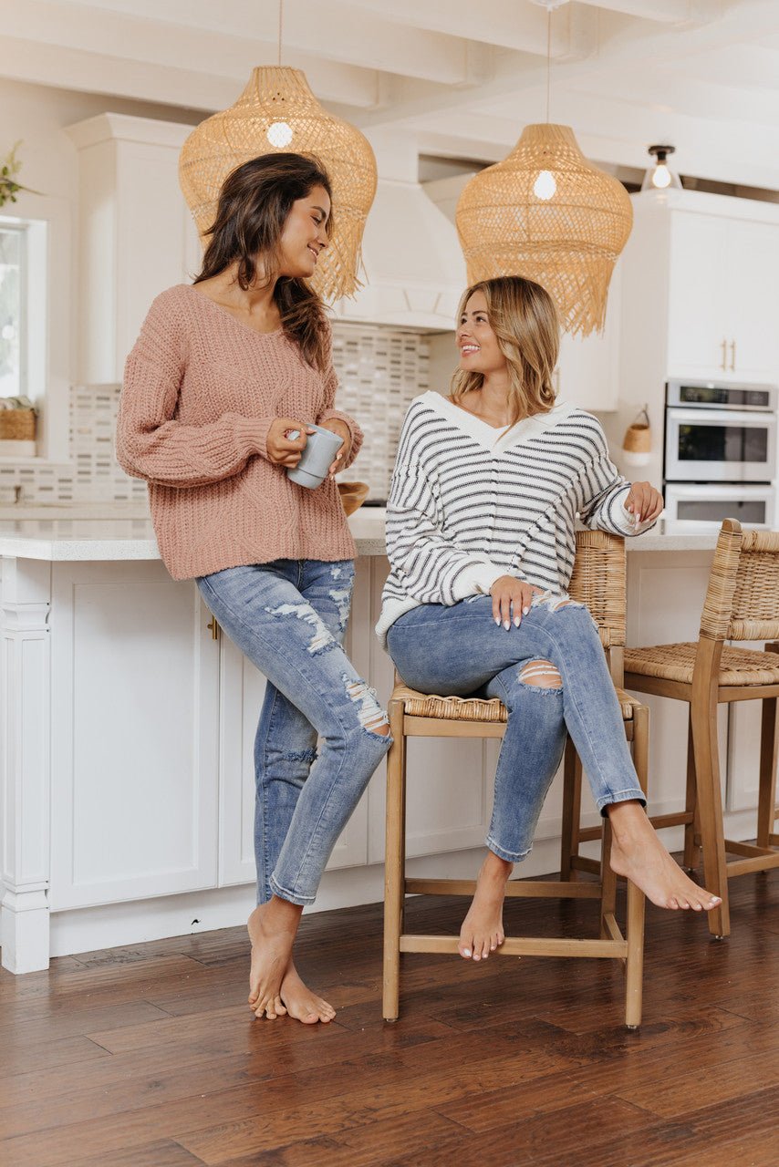 Coziest Cream Striped V-Neck Sweater - FINAL SALE - Magnolia Boutique