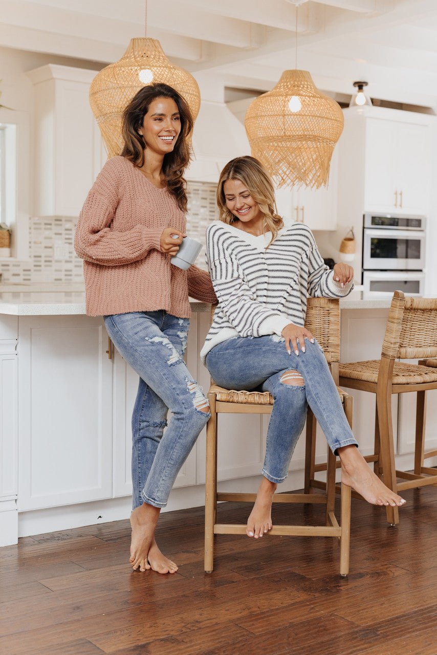 Coziest Cream Striped V-Neck Sweater - FINAL SALE - Magnolia Boutique