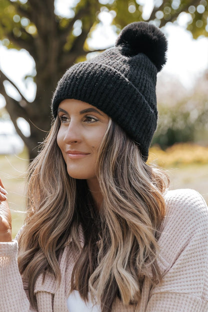 Cozy Black Ribbed Pom Pom Beanie - Magnolia Boutique