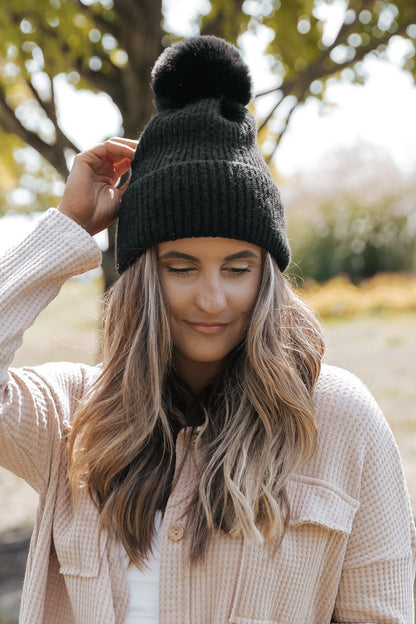 Cozy Black Ribbed Pom Pom Beanie - Magnolia Boutique