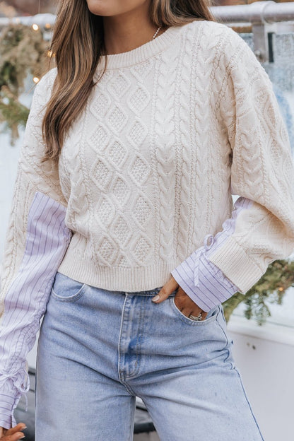 Cream Contrast Sleeve Cable Knit Sweater - Magnolia Boutique