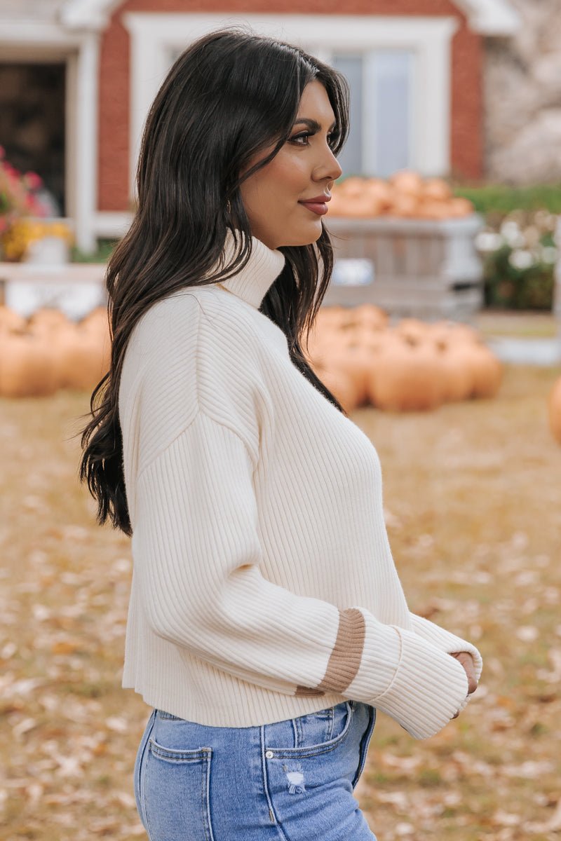 Cream Contrast Sleeve Ribbed Turtleneck Sweater - Magnolia Boutique