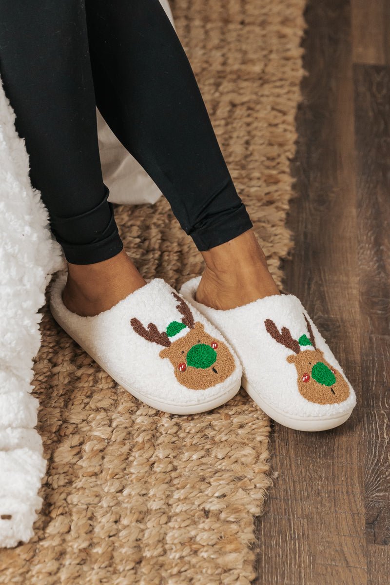 Cream Faux Plush Reindeer Slippers - Magnolia Boutique