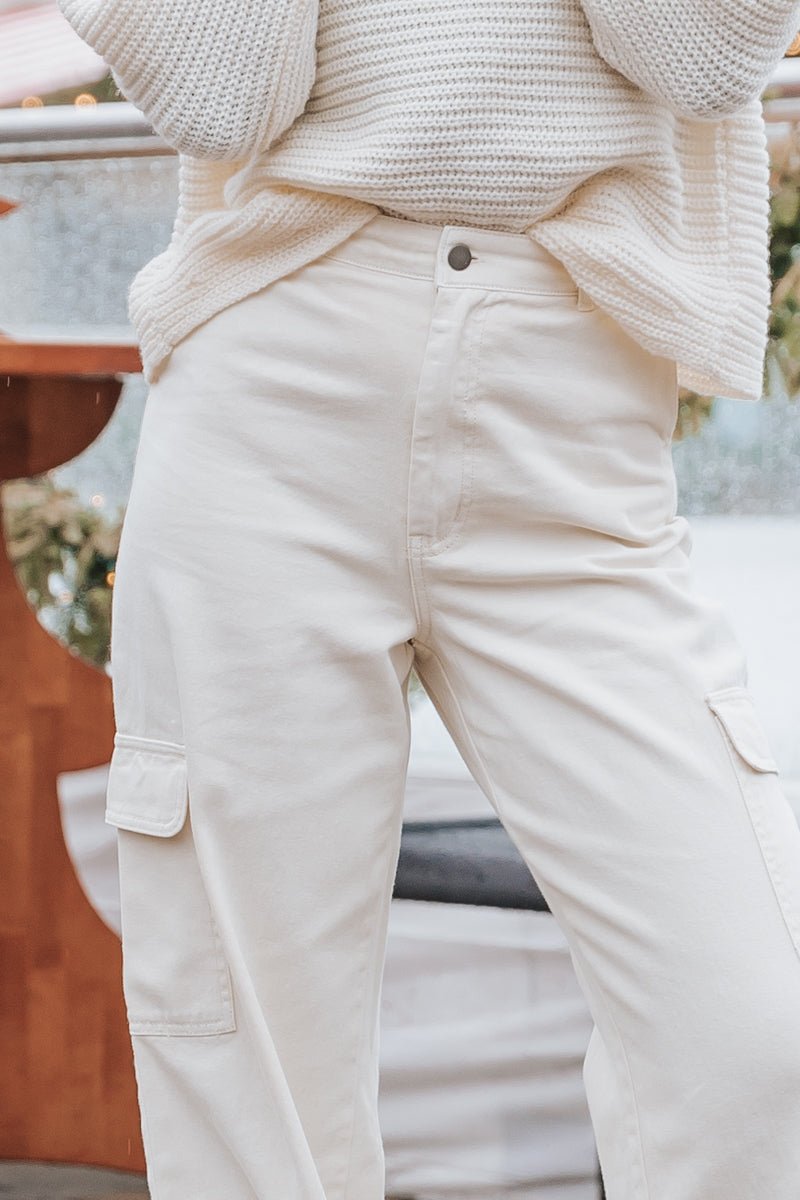 Cream High Waisted Straight Cargo Pants - Magnolia Boutique