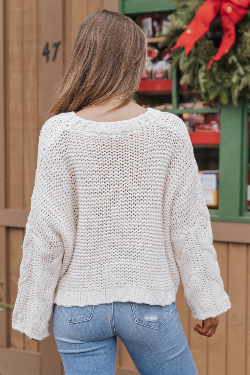 Cream V Neck Cable Knit Sweater - Magnolia Boutique