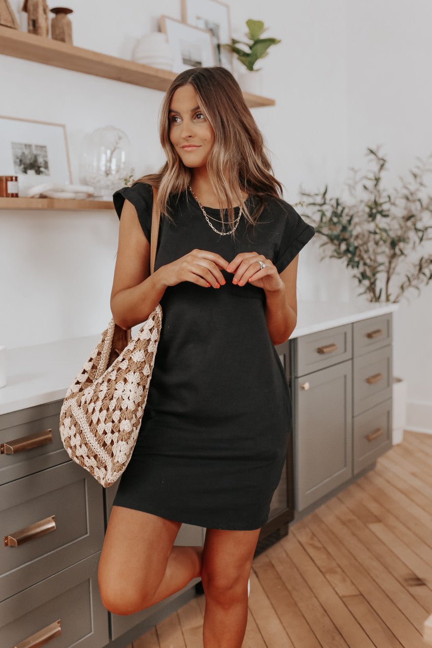 Cuffed Sleeve Black Pocket T-Shirt Dress - Magnolia Boutique