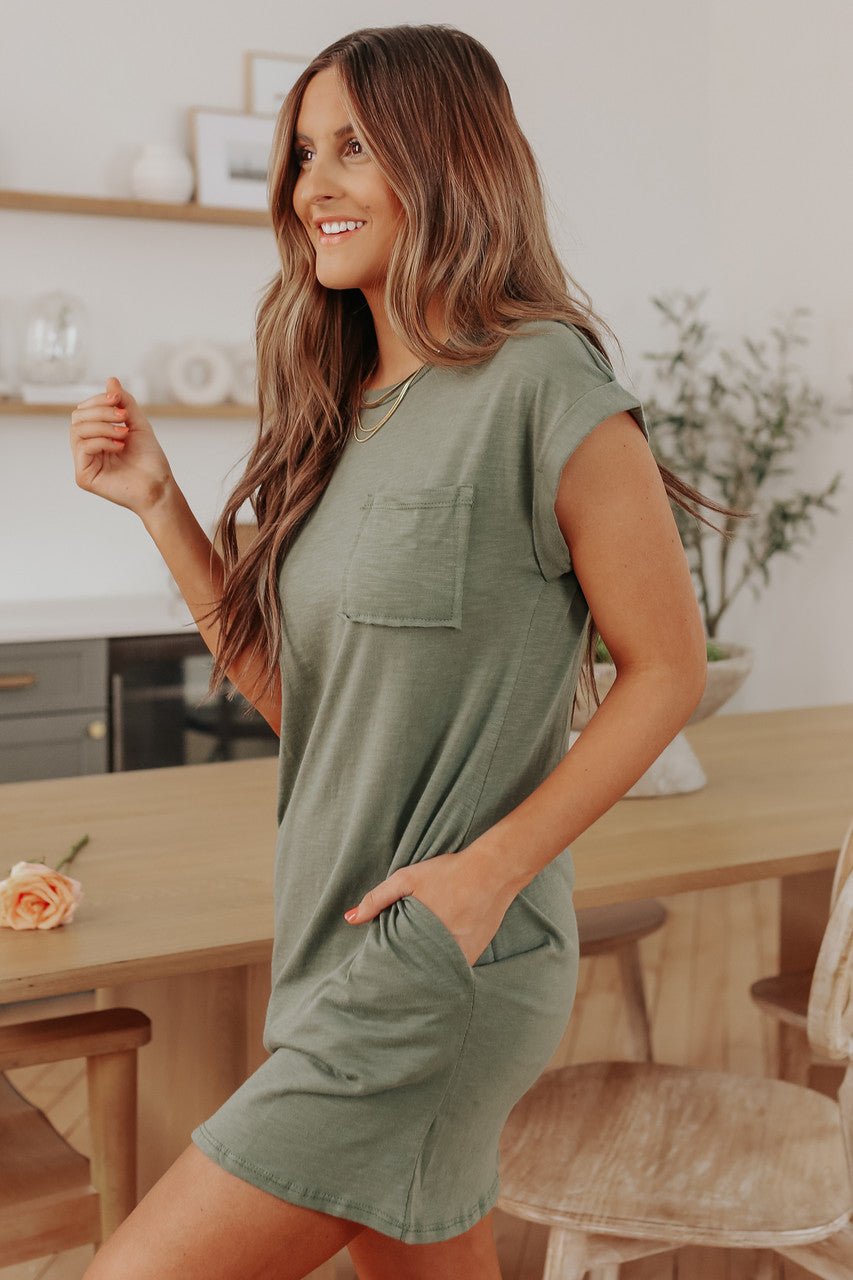 Cuffed Sleeve Olive Pocket T-Shirt Dress - Magnolia Boutique