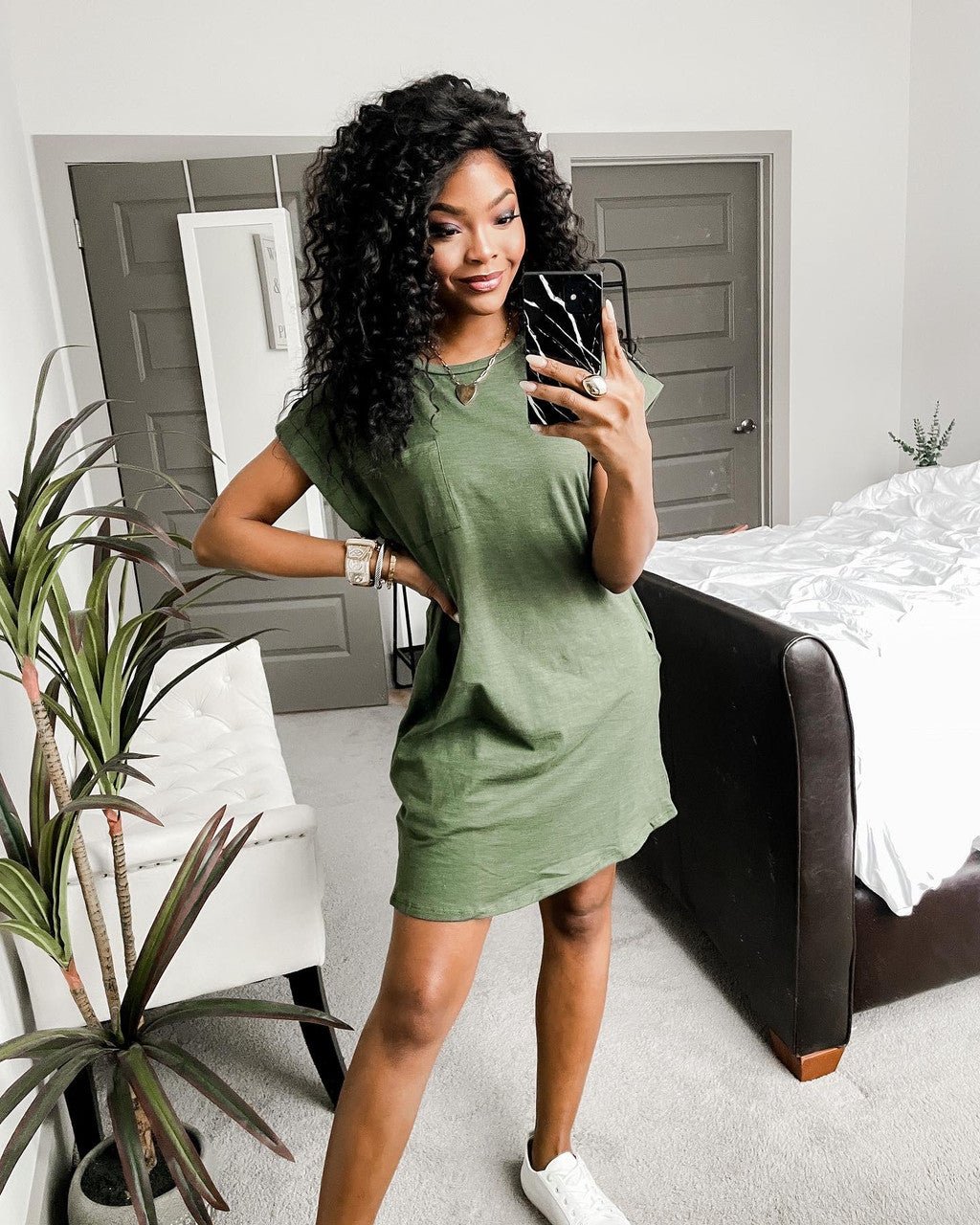 Cuffed Sleeve Olive Pocket T-Shirt Dress – Magnolia Boutique