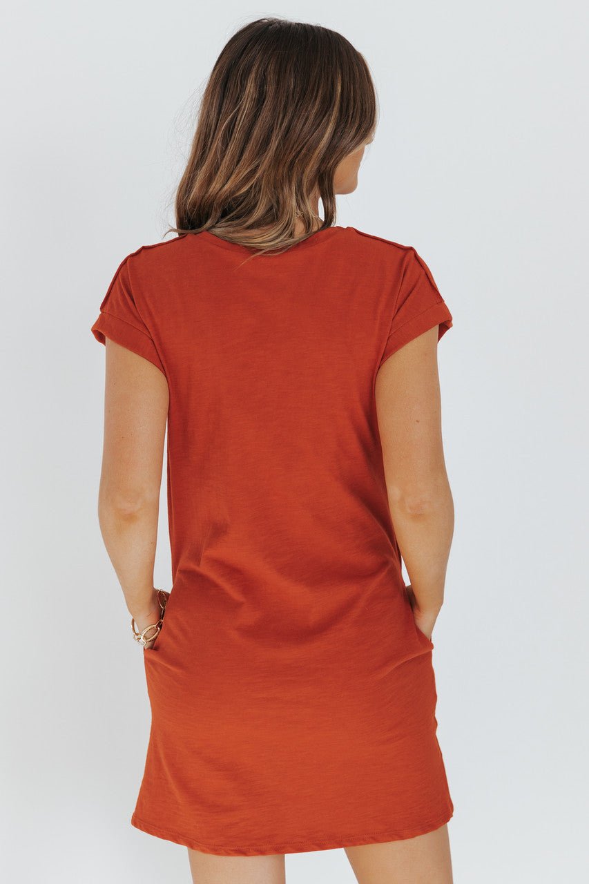 Cuffed Sleeve Rust Pocket T-Shirt Dress - FINAL SALE - Magnolia Boutique