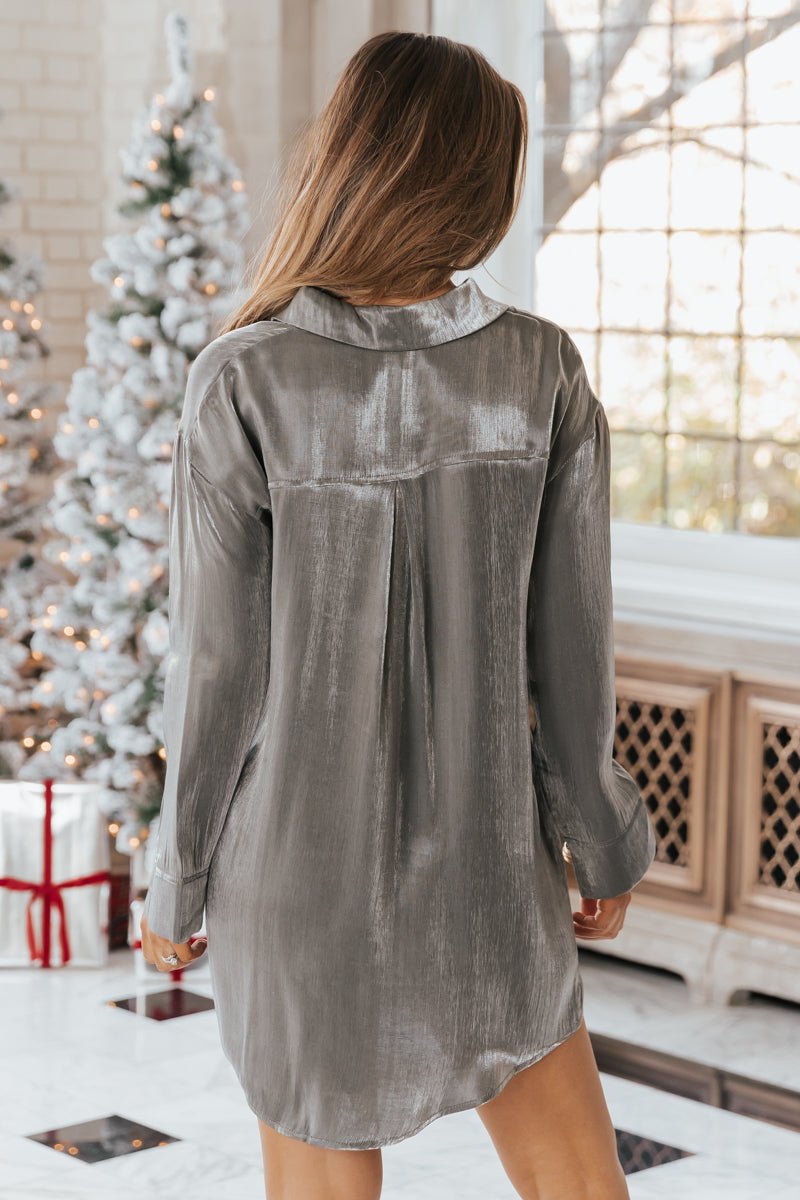 Dark Grey Metallic Shirt Dress - Magnolia Boutique