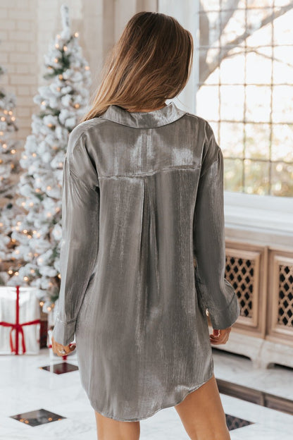 Dark Grey Metallic Shirt Dress - Magnolia Boutique