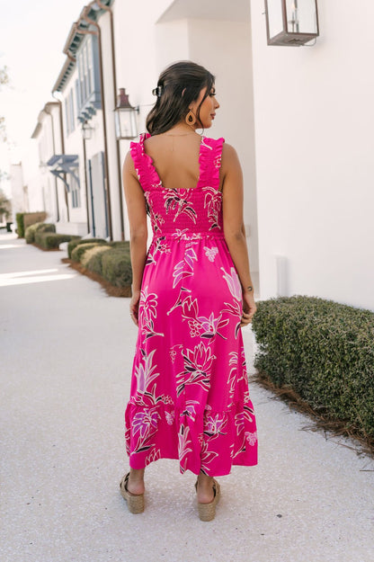 Dark Pink Print Smocked Midi Dress - Magnolia Boutique