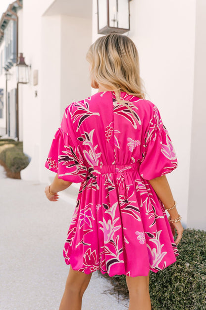 Dark Pink Print V Neck Mini Dress - Magnolia Boutique