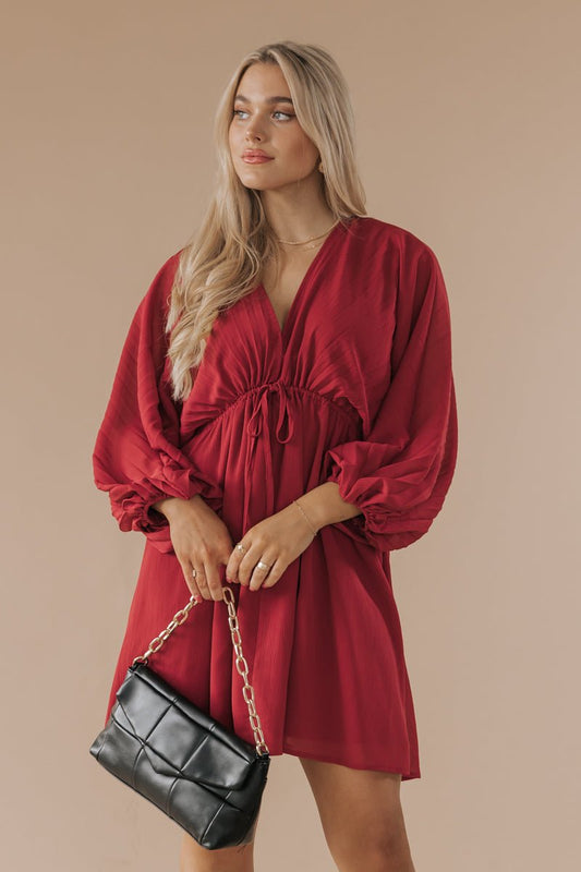 Dark Red Bishop Sleeve Chiffon Mini Dress - Magnolia Boutique