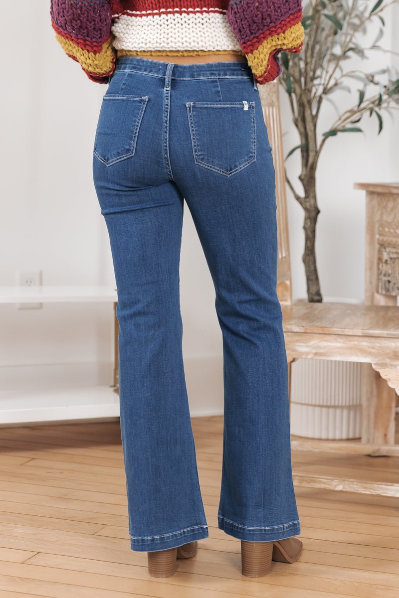 Dark Wash Seam Detail Flare Jeans - Magnolia Boutique